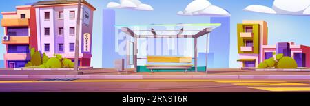 Bus stop station on city road background near sign. Public transport construction on street with bench and glass. Transportation highway near building Stock Vector