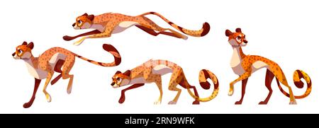 Set di ghepardo, leopardo o giaguaro. Gatto selvatico della giungla tropicale in Africa. Gepard che salta, corre e cammina, animale esotico con pelliccia maculata, vecto Illustrazione Vettoriale