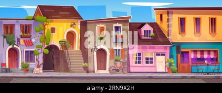 Italy old vintage city street vector illustration. Italian european town with cafe in retro house building. Summer european architecture village lands Illustrazione Vettoriale