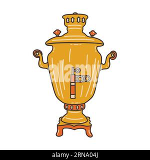 Samovar d'oro russo per bollire l'acqua e bere il tè. Antica cultura tradizionale russa. Illustrazione colorata isolata vettoriale disegnata a mano Illustrazione Vettoriale