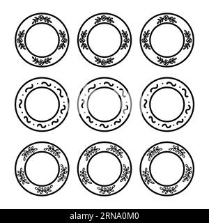 Set of vintage plates with different decorated. Kitchen utensils, tableware in old style. Black and white vector isolated illustration hand drawn dood Stock Vector
