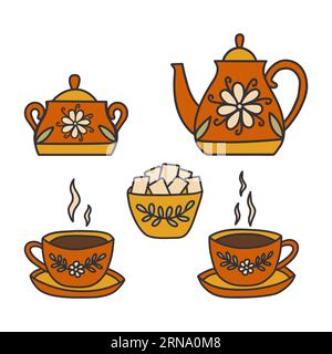 Set da tè. Due tazze di tè rosse con piattini, ciotola da zucchero, teiera. Servizio arredato con gusto, piatti d'epoca. Illustrazione vettoriale isolata colorata ha Illustrazione Vettoriale