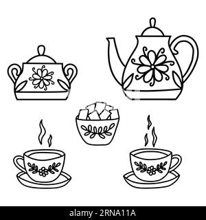 Tea set. Two cups of tea with saucers, sugar bowl, teapot. Beautiful decorated service, vintage crockery. Black and white vector isolated illustration Stock Vector