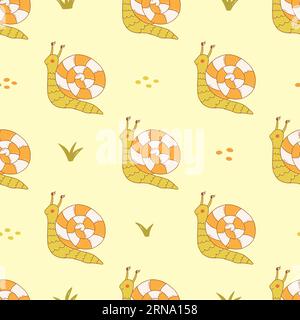 Seamless pattern. Cute snail in field among grasses. Clam with striped shell. Slow life. Colorful vector illustration hand drawn on beige background. Illustrazione Vettoriale