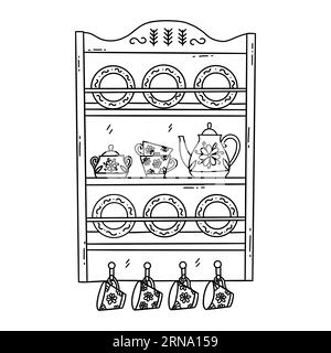 Wooden three-tier shelf for dishes, open storage, organization in kitchen. Tea set and plates, vintage crockery. Black and white vector isolated illus Stock Vector