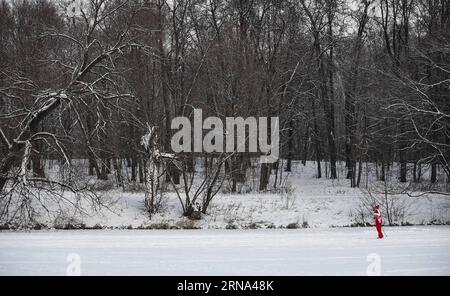 (160105) -- MOSCOW, Jan. 5, 2016 -- A woman skis on the lake of Kuzminki Park in Moscow, Russia, on Jan. 5, 2016. Temperatures dipped to around minus 20 degrees Celsius during New Year holiday time. ) RUSSIA-MOSCOW-WINTER-WEATHER DaixTianfang PUBLICATIONxNOTxINxCHN   160105 Moscow Jan 5 2016 a Woman Skis ON The Lake of Kuzminki Park in Moscow Russia ON Jan 5 2016 temperatures dipped to Around Minus 20 Degrees Celsius during New Year Holiday Time Russia Moscow Winter Weather DaixTianfang PUBLICATIONxNOTxINxCHN Stock Photo