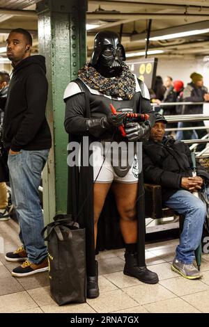 (160111) -- NEW YORK, Jan. 10, 2016 -- A man dresses in Star Wars Darth Vader costume attends the annual No Pants Subway Ride at Union Square subway station in New York, the United States, Jan. 10, 2016. The event is organized by Improv Everywhere, this self described prank collective , which draws thousands of participants in New York City and around the world. ) U.S.-NEW YORK-NO PANTS SUBWAY RIDE LixMuzi PUBLICATIONxNOTxINxCHN   160111 New York Jan 10 2016 a Man Dresses in Star Wars Darth Vader costume Attends The Annual No Pants Subway Ride AT Union Square Subway Station in New York The Uni Stock Photo