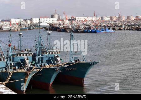 (160119) -- RONGCHENG, 19 gennaio 2016 -- pescherecci ormeggiano nel porto di Shidao a Rongcheng, provincia dello Shandong della Cina orientale, 19 gennaio 2016. La temperatura più bassa è scesa a meno 13 gradi Celsius il martedì. ) (wyo) CHINA-SHANDONG-RONGCHENG-FISHERY (CN) ZhuxZheng PUBLICATIONxNOTxINxCHN 160119 Rongcheng Jan 19 2016 ormeggio di barche da pesca AL porto di Rongcheng nella provincia di Shan Dong della Cina orientale Jan 19 2016 la temperatura più bassa è scesa a meno 13 gradi Celsius IL martedì wyo China Shan Dong Rongcheng pesca CN ZhuxZheng PUBLINTIXINTINCHN Foto Stock