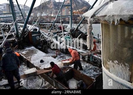 (160119) -- RONGCHENG, 19 gennaio 2016 -- i pescatori scaricano pesce appena catturato nel porto di Shidao a Rongcheng, provincia dello Shandong della Cina orientale, 19 gennaio 2016. La temperatura più bassa è scesa a meno 13 gradi Celsius il martedì. ) (wyo) CHINA-SHANDONG-RONGCHENG-FISHERY (CN) ZhuxZheng PUBLICATIONxNOTxINxCHN 160119 Rongcheng Jan 19 2016 i pescatori scaricano pesce appena catturato NEL porto di Rongcheng nella provincia di Shan Dong della Cina orientale Jan 19 2016 la temperatura più bassa è scesa a meno 13 gradi Celsius IL martedì wyo China Shan Dong Rongcheng Fishery CN ZhuxZheng PUBLINTIXNCHN Foto Stock