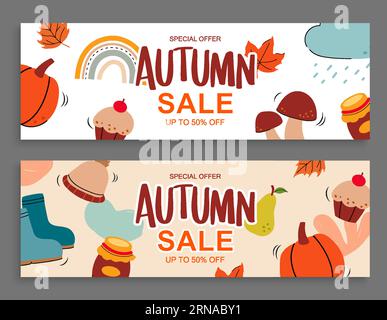 Sfondo del modello banner per la vendita autunnale. Saldi autunnali per lo shopping con elementi e testo. Illustrazione Vettoriale