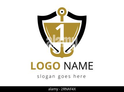 Lettera 1 con modello di disegno del logo di ancoraggio. Logo Marine, barca a vela Illustrazione Vettoriale