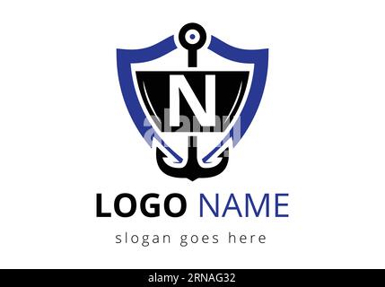Lettera N con modello di disegno del logo di ancoraggio. Logo Marine, barca a vela Illustrazione Vettoriale
