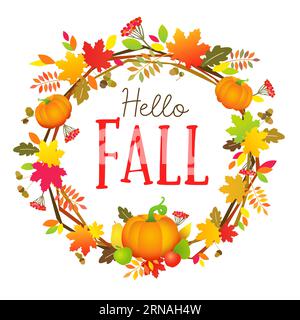 Hello Fall Internet post. Door wreath creative decor. Creative lettering. Greeting card design. Advertising promotional coupon, flyer or banner. Stock Vector