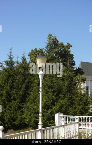 Un lampione bianco su una ringhiera davanti a una fila di alberi Foto Stock