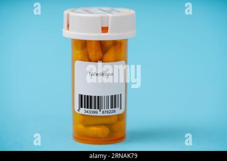 Nifedipine, Calcium channel blocker for hypertension and angina medical drug concept Stock Photo