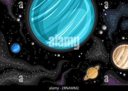 Vector Fantasy Space Chart, poster astronomico orizzontale con disegno di cartoni animati pianeta Urano gigante del gas e satelliti orbitanti nello spazio profondo, decorati Illustrazione Vettoriale