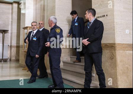 (160201) -- GENEVA, Feb. 1st, 2016 -- Member of Syria s opposition delegation Asaad Zombi (1st L) leaves Palais des Nations after attending Syrian peace talks in Geneva, Switzerland, Feb. 1, 2016. UN Special Envoy for Syria Staffan de Mistura on Monday announced here the official beginning of the Geneva Intra-Syrian talks after formally meeting with the opposition delegation for the first time. ) SWITZERLAND-GENEVA-UN-SYRIA-PEACE TALKS XuxJinquan PUBLICATIONxNOTxINxCHN   Geneva Feb 1st 2016 member of Syria S Opposition Delegation Asaad Zombi 1st l Leaves Palais the Nations After attending Syri Stock Photo