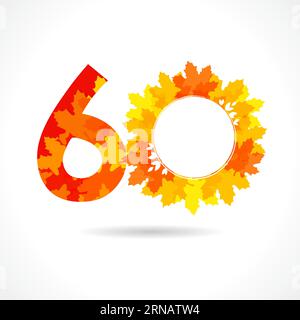 Numero creativo 60. Concetto di cartellonistica autunnale. logo vecchio di 60 anni. icona del 60° anniversario con foglie autunnali. Simbolo stagionale con rosso, giallo e arancione Illustrazione Vettoriale