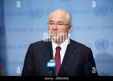 UNO Pressekonferenz zum Start einer Nordkoreanischen Langstreckenrakete Rafael Ramirez, rappresentante permanente del Venezuela presso le Nazioni Unite e presidente a rotazione del Consiglio di sicurezza di febbraio, parla ai media presso la sede delle Nazioni Unite a New York, 7 febbraio 2016. Il Consiglio di sicurezza delle Nazioni Unite di domenica ha condannato il lancio della tecnologia dei missili balistici da parte della Repubblica popolare democratica di Corea (RPDC) di sabato, ha dichiarato una dichiarazione stampa del consiglio. ) CONSIGLIO DI SICUREZZA delle Nazioni Unite-RPDC-MISSILE-CONDANNA LixMuzi PUBLICATIONxNOTxINxCHN conferenza stampa delle Nazioni Unite per avviare una lunga corsa nordcoreana Foto Stock