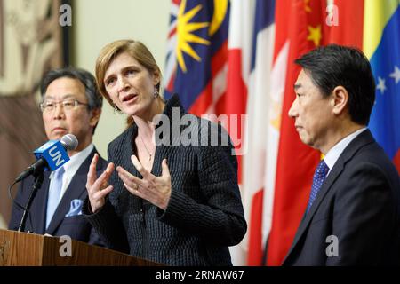 UNO Pressekonferenz zum Start einer Nordkoreanischen Langstreckenrakete Samantha Power(C), rappresentante permanente degli Stati Uniti presso le Nazioni Unite, parla ai media con Motohide Yoshikawa (L), rappresentante permanente del Giappone presso le Nazioni Unite e rappresentante permanente della Corea del Sud presso l'ONU Oh Joon(R), presso la sede delle Nazioni Unite a New York, 7 febbraio, 2016. Il Consiglio di sicurezza delle Nazioni Unite di domenica ha condannato il lancio della tecnologia dei missili balistici da parte della Repubblica popolare democratica di Corea (RPDC) di sabato, ha dichiarato una dichiarazione stampa del consiglio. ) CONSIGLIO DI SICUREZZA DELLE NAZIONI UNITE-RPDC-LANCIO-MISSILI-CONDANNA LIXMUZ Foto Stock