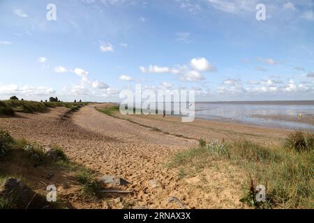 Heacham, Regno Unito. 30 agosto 2023. La spiaggia di Heacham nel Norfolk, che il DEFRA (Department for Environment Food & Rural Affairs) ha classificato come una delle spiagge più sporche della Gran Bretagna per la pulizia generale delle acque, e un avviso "Consigli contro la balneazione: Avviso di rischio di inquinamento" può essere visto su un cartello informativo sulla spiaggia. Credito: Paul Marriott/Alamy Live News Foto Stock