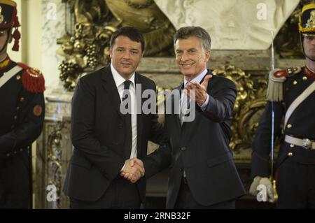 (160216) -- BUENOS AIRES, Feb. 16, 2016 -- Argentina s President Mauricio Macri (R) shakes hands with Italian Prime Minister Matteo Renzi during their meeting at Casa Rosada, in Buenos Aires city, capital of Argentina, on Feb. 16, 2016. ) (jg) (ah) ARGENTINA-BUENOS AIRES-ITALY-PM-VISIT MARTINxZABALA PUBLICATIONxNOTxINxCHN   Buenos Aires Feb 16 2016 Argentina S President Mauricio Macri r Shakes Hands With Italian Prime Ministers Matteo Renzi during their Meeting AT Casa Rosada in Buenos Aires City Capital of Argentina ON Feb 16 2016 JG AH Argentina Buenos Aires Italy PM Visit MartinXZabala PUBL Stock Photo