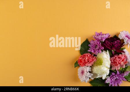 Fiori bianchi, rosa e viola e spazio copia su sfondo arancione Foto Stock