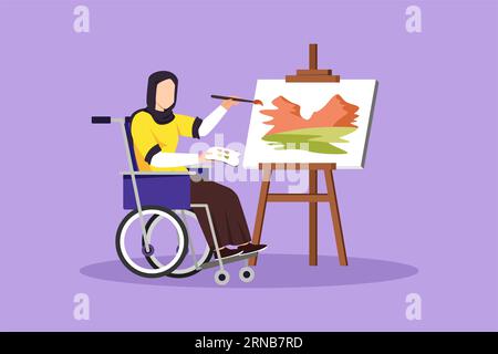 Graphic flat design drawing disabled Arabian woman in wheelchair painting landscape on canvas. Rehabilitation physiotherapy treatment. Physical disabi Stock Photo