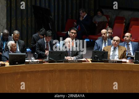 (160226) -- NAZIONI UNITE, 26 febbraio 2016 -- Liu Jieyi (front-C), Rappresentante permanente cinese presso le Nazioni Unite, si rivolge al Consiglio di sicurezza dopo l'adozione di una risoluzione per sostenere la cessazione delle ostilità in Siria che entrerà in vigore alle 00:00 ora di Damasco del 26 febbraio, presso la sede delle Nazioni Unite a New York, 26 febbraio 2016. ) CONSIGLIO DI SICUREZZA delle Nazioni Unite-SIRIA-CESSATE IL FUOCO LixMuzi PUBLICATIONxNOTxINxCHN Nazioni Unite febbraio 26 2016 fronte Liu Jieyi C rappresentante permanente cinese presso le Nazioni Unite si rivolge al Consiglio di sicurezza dopo l'adozione di una risoluzione per approvare il cessat Foto Stock