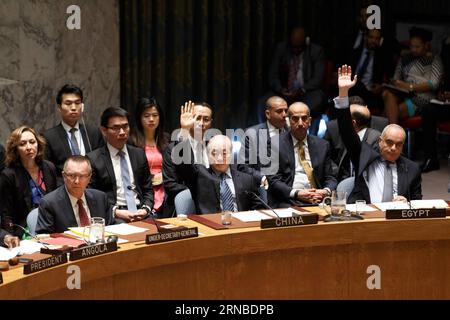 (160302) -- UNITED NATIONS, March 2, 2016 -- Liu Jieyi (C, front), China s permanent representative to the United Nations, votes on a resolution on the Democratic People s Republic of Korea (DPRK), at the UN headquarters in New York, the United States, March 2, 2016. The UN Security Council adopted a resolution on Wednesday to impose sanctions on the DPRK in order to curb the country s nuclear and missile programs. ) UN-SECURITY COUNCIL-DPRK LixMuzi PUBLICATIONxNOTxINxCHN   United Nations March 2 2016 Liu Jieyi C Front China S permanently Representative to The United Nations Votes ON a Resolut Stock Photo