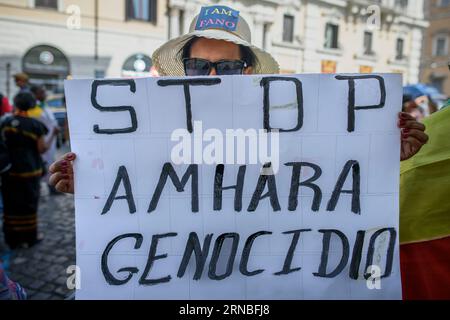 Rome, Italy. 31st Aug, 2023. An Ethiopian woman of the Amhara ethnic group holds a sign calling for an end to the Amhara genocide during the protest demonstration against the persecution of the Amhara in Ethiopia which took place in Rome. According to the United Nations High Commissioner for Human Rights (OHCHR), at least 183 people have been killed in clashes in the Amhara region. After the proclamation of the state of emergency at least 1,000 people were arrested: many belonging to the Amhara ethnic group and suspected of supporting the Fano militias ('voluntary fighters' in Amharic) who re Stock Photo