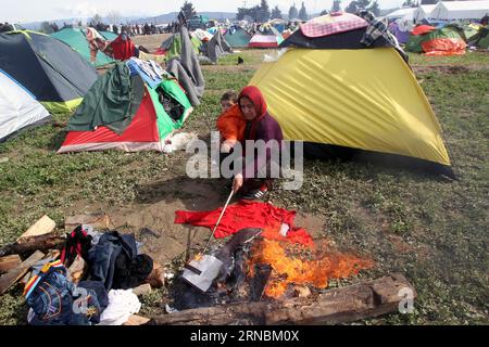 (160308) -- IDOMENI, 8 marzo 2016 -- Una donna rifugiata cucina il pasto in un campo temporaneo nel villaggio di frontiera settentrionale della Grecia, Idomeni, l'8 marzo 2016. Migliaia di rifugiati sono bloccati nel villaggio greco di Idomeni, al confine settentrionale, in attesa dell'apertura del confine per attraversare l'ex Repubblica jugoslava di Macedonia (FYROM) per proseguire il loro viaggio. Secondo il nuovo Centro di coordinamento greco per la gestione delle migrazioni, più di 33.500 rifugiati sono attualmente in Grecia: Circa 8.000 sono in tende al valico di frontiera di Idomeni, più di 6.000 sulle isole greche, quasi Foto Stock