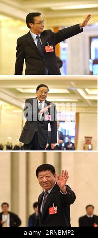 (160309) -- PECHINO, 9 marzo 2016 -- la foto combinata mostra il ministro del commercio cinese Gao Hucheng (in alto), Chen Zhenggao (C), ministro dell'edilizia abitativa e dello sviluppo urbano-rurale, e il ministro cinese delle risorse umane e della sicurezza sociale Yin Weimin saluta i giornalisti dopo aver ricevuto un'intervista prima della seconda riunione plenaria della quarta sessione del 12° Congresso Nazionale del popolo presso la grande sala del popolo a Pechino, capitale della Cina, il 9 marzo 2016. )(mcg) (DUE SESSIONI)CINA-PECHINO-NPC-MINISTRI (CN) XingxGuangli PUBLICATIONxNOTxINxCHN Pechino 9 marzo 2016 il combinato Foto Stock