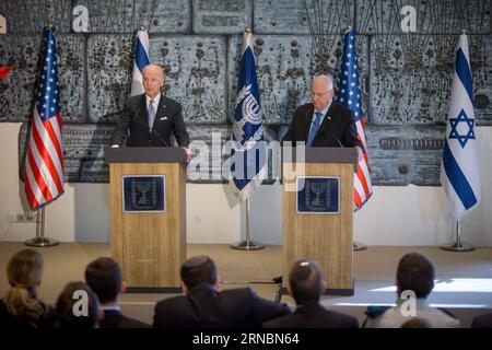 U.S. Vice President Joe Biden (L) speaks while Israeli President Reuven Rivlin listens during a joint press conference in Jerusalem on March 9, 2016. ) ISRAEL-U.S. VICE PRESIDENT-PRESS CONFERENCE JINI PUBLICATIONxNOTxINxCHN   U S Vice President Joe Biden l Speaks while Israeli President Reuven Rivlin listens during a Joint Press Conference in Jerusalem ON March 9 2016 Israel U S Vice President Press Conference Jini PUBLICATIONxNOTxINxCHN Stock Photo