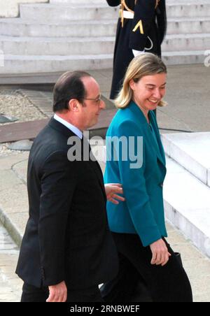 Treffen der Europäischen Sozialdemokraten in Paris (160312) -- PARIS, March 12, 2016 -- French President Francois Hollande (L) welcomes European Union High Representative for Foreign Affairs and Security Policy Federica Mogherini to a meeting of European Social Democratic leaders at the Elysee Palace in Paris, France, March 12, 2016. ) FRANCE-PARIS-EU-POLITICS ZhengxBin PUBLICATIONxNOTxINxCHN   Meeting the European Social Democrats in Paris 160312 Paris March 12 2016 French President François Hollande l welcomes European Union High Representative for Foreign Affairs and Security Policy Federic Stock Photo