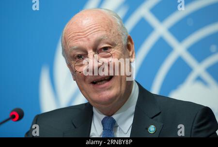 (160314) -- GINEVRA, 14 marzo 2016 -- l'inviato delle Nazioni Unite Staffan de Mistura parla durante una conferenza stampa a Ginevra, in Svizzera, 14 marzo 2016. La ripresa dei colloqui intra-siriani a Ginevra è avvenuta lunedì, il giorno prima del quinto anniversario dell'inizio della guerra civile siriana. A causa degli sforzi di mediazione condotti dalle Nazioni Unite, i rappresentanti del governo siriano e dell'opposizione si sono recati a Ginevra alla fine di gennaio per i colloqui indiretti, con Mistura che si è spostata tra entrambe le parti. I colloqui si sono conclusi il 3 febbraio senza risultati tangibili. ) (Djj) SVIZZERA-GINEVRA-SIRIA-COLLOQUI DI PACE XuxJinquan PUBLICATIONxNOTxI Foto Stock