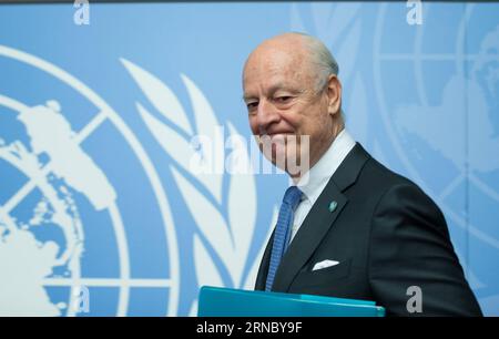 Bilder des Tages (160314) -- GINEVRA, 14 marzo 2016 -- l'inviato delle Nazioni Unite Staffan de Mistura partecipa a una conferenza stampa a Ginevra, in Svizzera, 14 marzo 2016. La ripresa dei colloqui intra-siriani a Ginevra è avvenuta lunedì, il giorno prima del quinto anniversario dell'inizio della guerra civile siriana. A causa degli sforzi di mediazione condotti dalle Nazioni Unite, i rappresentanti del governo siriano e dell'opposizione si sono recati a Ginevra alla fine di gennaio per i colloqui indiretti, con Mistura che si è spostata tra entrambe le parti. I colloqui si sono conclusi il 3 febbraio senza risultati tangibili. ) (DJJ) SVIZZERA-GINEVRA-SIRIA-COLLOQUI DI PACE XUXJINQUAN PUBLIC Foto Stock