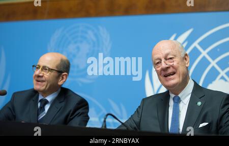 (160314) -- GINEVRA, 14 marzo 2016 -- l'inviato delle Nazioni Unite Staffan de Mistura (R) parla durante una conferenza stampa a Ginevra, in Svizzera, 14 marzo 2016. La ripresa dei colloqui intra-siriani a Ginevra è avvenuta lunedì, il giorno prima del quinto anniversario dell'inizio della guerra civile siriana. A causa degli sforzi di mediazione condotti dalle Nazioni Unite, i rappresentanti del governo siriano e dell'opposizione si sono recati a Ginevra alla fine di gennaio per i colloqui indiretti, con Mistura che si è spostata tra entrambe le parti. I colloqui si sono conclusi il 3 febbraio senza risultati tangibili. ) (Djj) SVIZZERA-GINEVRA-SIRIA-COLLOQUI DI PACE XuxJinquan PUBLICATIONxN Foto Stock