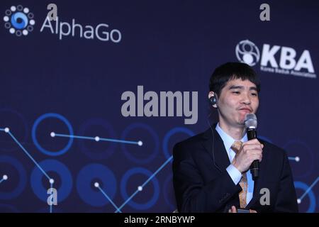 (160315) -- SEOUL, March 15, 2016 -- South Korean professional Go player Lee Sedol attends a press conference after finishing the final match of the Google DeepMind Challenge Match against Google s artificial intelligence program, AlphaGo, in Seoul, South Korea, March 15, 2016. Google s Go-playing computer program again defeated its human opponent in a final match on Tuesday that sealed its 4-1 victory. ) (SP)SOUTH KOREA-GO-LEE SEDOL VS ALPHAGO-FIFTH ROUND YaoxQilin PUBLICATIONxNOTxINxCHN   Seoul March 15 2016 South Korean Professional Go Player Lee  Attends a Press Conference After Finishing Stock Photo