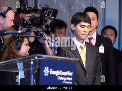 (160315) -- SEOUL, March 15, 2016 -- South Korean professional Go player Lee Sedol attends a press conference after finishing the final match of the Google DeepMind Challenge Match against Google s artificial intelligence program, AlphaGo, in Seoul, South Korea, March 15, 2016. Google s Go-playing computer program again defeated its human opponent in a final match on Tuesday that sealed its 4-1 victory. ) (SP)SOUTH KOREA-GO-LEE SEDOL VS ALPHAGO-FIFTH ROUND YaoxQilin PUBLICATIONxNOTxINxCHN   Seoul March 15 2016 South Korean Professional Go Player Lee  Attends a Press Conference After Finishing Stock Photo