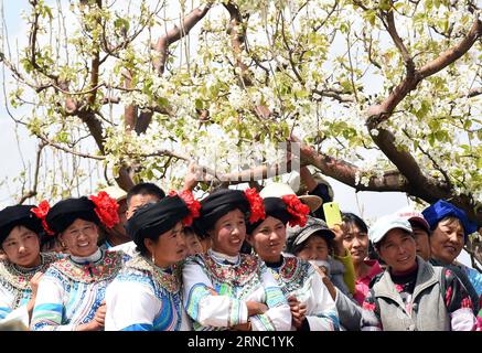 (160318) -- WEISHAN, 18 marzo 2016 -- gli Yi assistono a spettacoli sotto gli alberi di pere nella città di ma anshan di Weishan Yi e nella contea autonoma di Hui, nella provincia dello Yunnan della Cina sud-occidentale, 17 marzo 2016. Il Festival della fioritura delle pere che si tiene a Weishan Yi e nella contea autonoma di Hui ha attirato molti visitatori. ) (Zwx) CHINA-YUNNAN-WEISHAN-PEAR BLOSSOM FESTIVAL (CN) ChenxHaining PUBLICATIONxNOTxINxCHN Weishan 18 marzo 2016 celebrità Yi Guarda le esibizioni sotto gli alberi di pera a ma Anshan Township di Weishan Yi e Hui Autonomous County sud-ovest della Cina provincia dello Yunnan 17 marzo 2016 Pear Blossom Festival Hero a Wei Foto Stock
