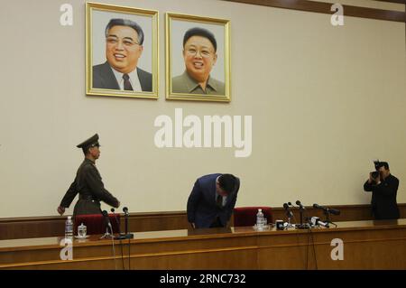 Nordkorea: US-Südkoreaner vor Gericht (160325) -- PYONGYANG, March 25, 2016 -- Kim Dong-chul (C) confesses at the People s Palace of Culture in Pyongyang, capital of the Democratic People s Republic of Korea (DPRK), on March 25, 2016. Kim Dong-chul, a South Korea-born U.S. citizen held by the Democratic People s Republic of Korea (DPRK), confessed in public to committing anti-DPRK crimes Friday. Kim Dong-chul told a press conference that he tried to gather DPRK top military and state secrets and subvert its government under leader Kim Jong-un. ) DPRK-PYONGYANG-KIM DONG-CHUL-ESPIONAGE-CONFESSIO Stock Photo