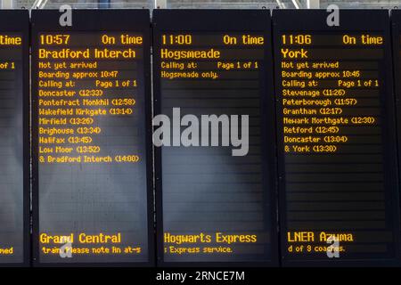 London, UK.  1 September 2023. The train to Hogsmeade is displayed on the screen at Back to Hogwarts, the annual celebration of all things Harry Potter, inviting Harry Potter fans to mark the moment that the Hogwarts Express train departs from platform 9 ¾ at King’s Cross station at 11am for the start of the Hogwarts school term.  Credit: Stephen Chung / Alamy Live News Stock Photo