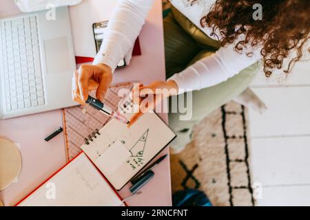 Vista ad alto angolo della donna che utilizza il glucometro mentre fa i compiti a casa Foto Stock