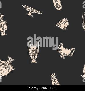 Grafica astratta vettoriale disegnata a mano, vasi di scultura greca antica arte di linea disegno moderno senza cuciture. Vasi classici antichi in stile di linea alla moda, Illustrazione Vettoriale