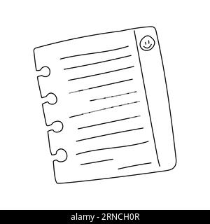 Pezzo di carta strappato disegnato a mano con linee e un volto sorridente. Semplice foglio per notebook. Illustrazione vettoriale del doodle in bianco e nero isolata su A. Illustrazione Vettoriale