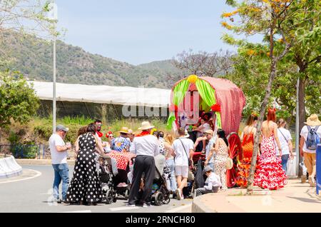 NERJA, SPAGNA - 15 MAGGIO 2022 abitanti della città, carrozze, carri, cavalli, buoi e trattori, così come gli agricoltori locali provenienti dai villaggi vicini Foto Stock