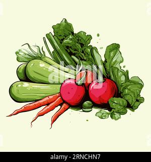 A Bunch Of Vegetables Are Shown Against A Background With A Yellow Tint, In The Style Of Speedpainting Illustrazione Vettoriale