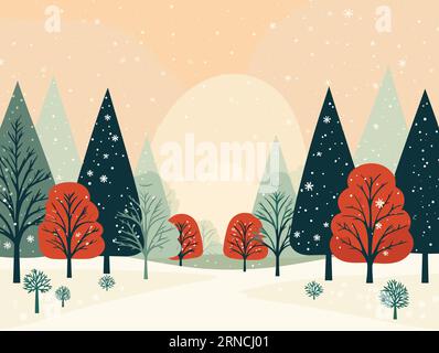 Un'illustrazione grafica natalizia con alberi di pino, nello stile di arancione scuro e azzurro cielo, forme ripetitive, stravaganti spugne, Flickr, Mid-C. Illustrazione Vettoriale