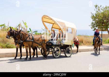 NERJA, SPAGNA - 15 MAGGIO 2022 abitanti della città, carrozze, carri, cavalli, buoi e trattori, così come gli agricoltori locali provenienti dai villaggi vicini Foto Stock